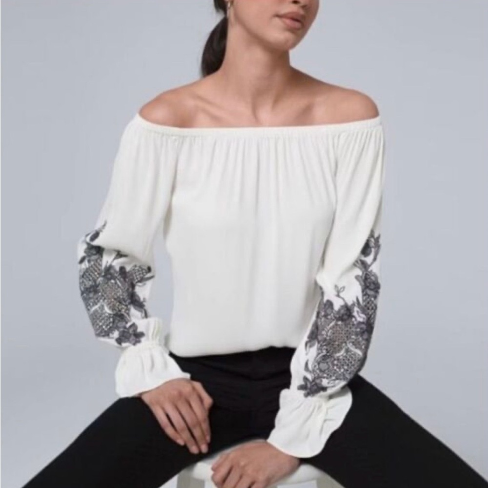 WHBM off white embroidered blouse